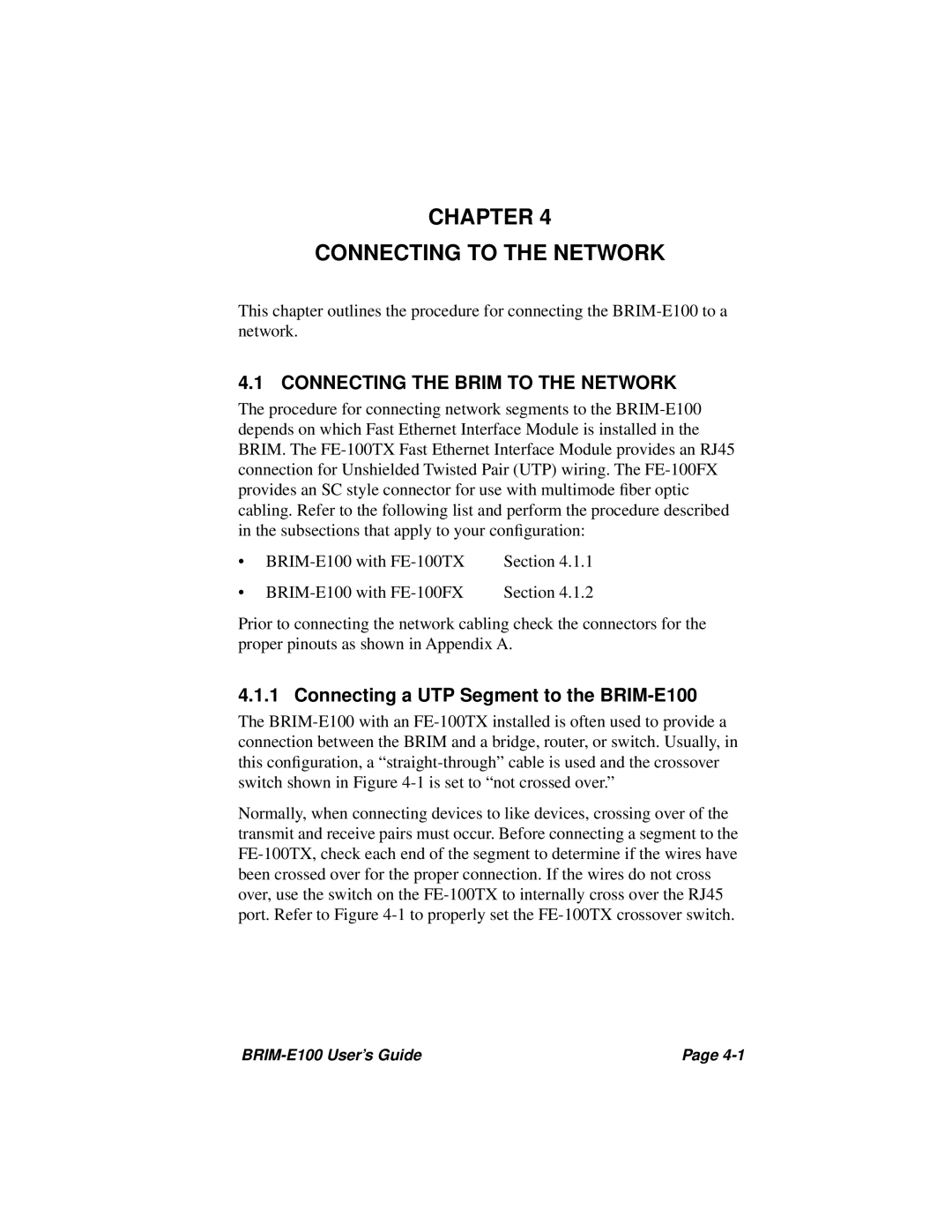 Cabletron Systems BRIM-E100 manual Chapter Connecting to the Network, Connecting the Brim to the Network 