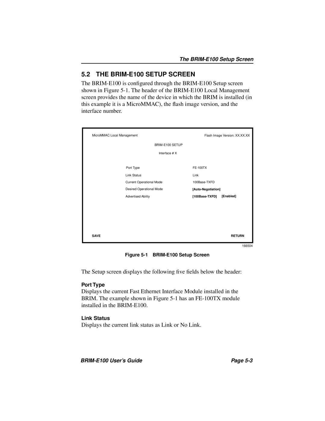 Cabletron Systems manual BRIM-E100 Setup Screen 