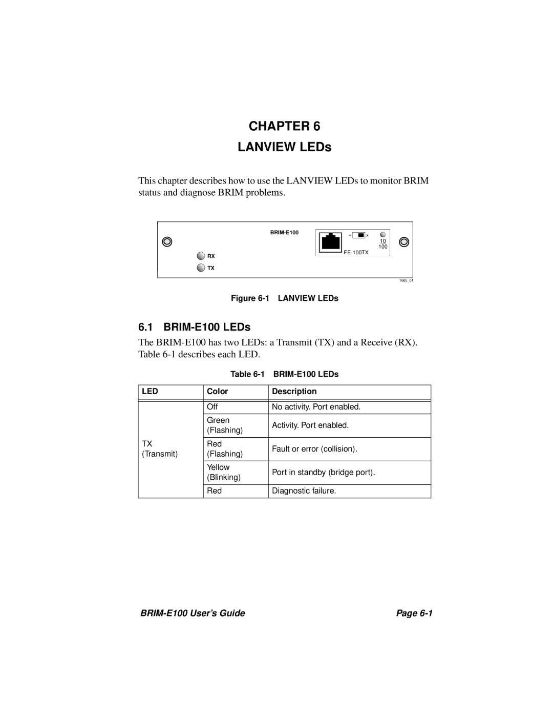 Cabletron Systems manual Chapter, BRIM-E100 LEDs 