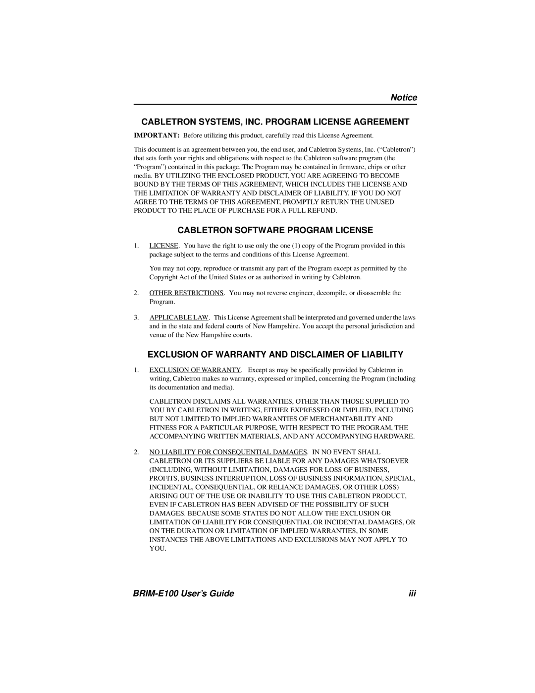 Cabletron Systems BRIM-E100 manual Cabletron SYSTEMS, INC. Program License Agreement 