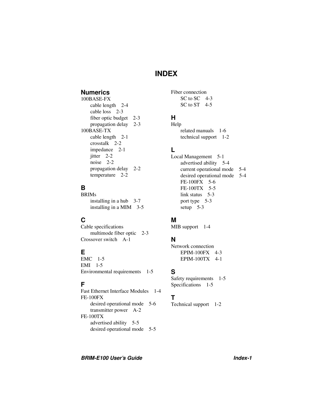 Cabletron Systems BRIM-E100 manual Index, Numerics 