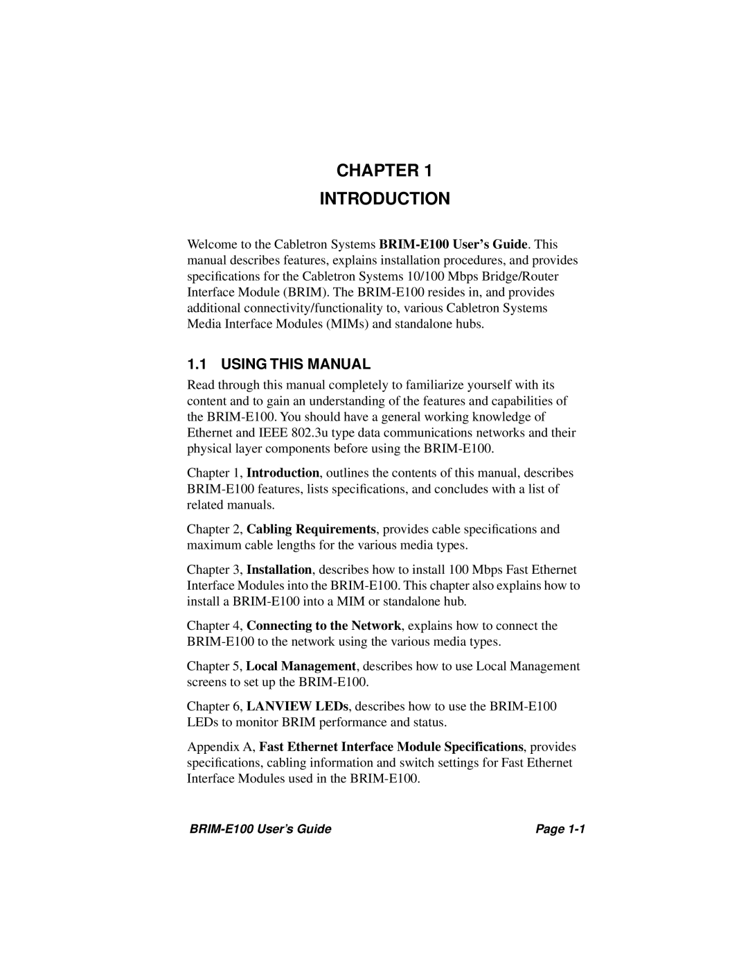 Cabletron Systems BRIM-E100 manual Chapter Introduction, Using this Manual 