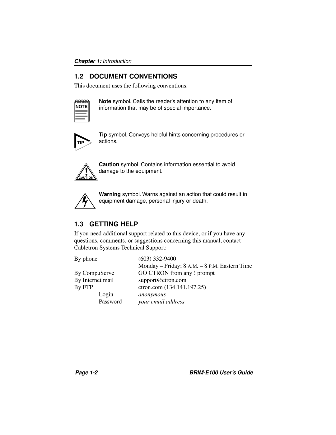 Cabletron Systems BRIM-E100 manual Document Conventions, Getting Help 