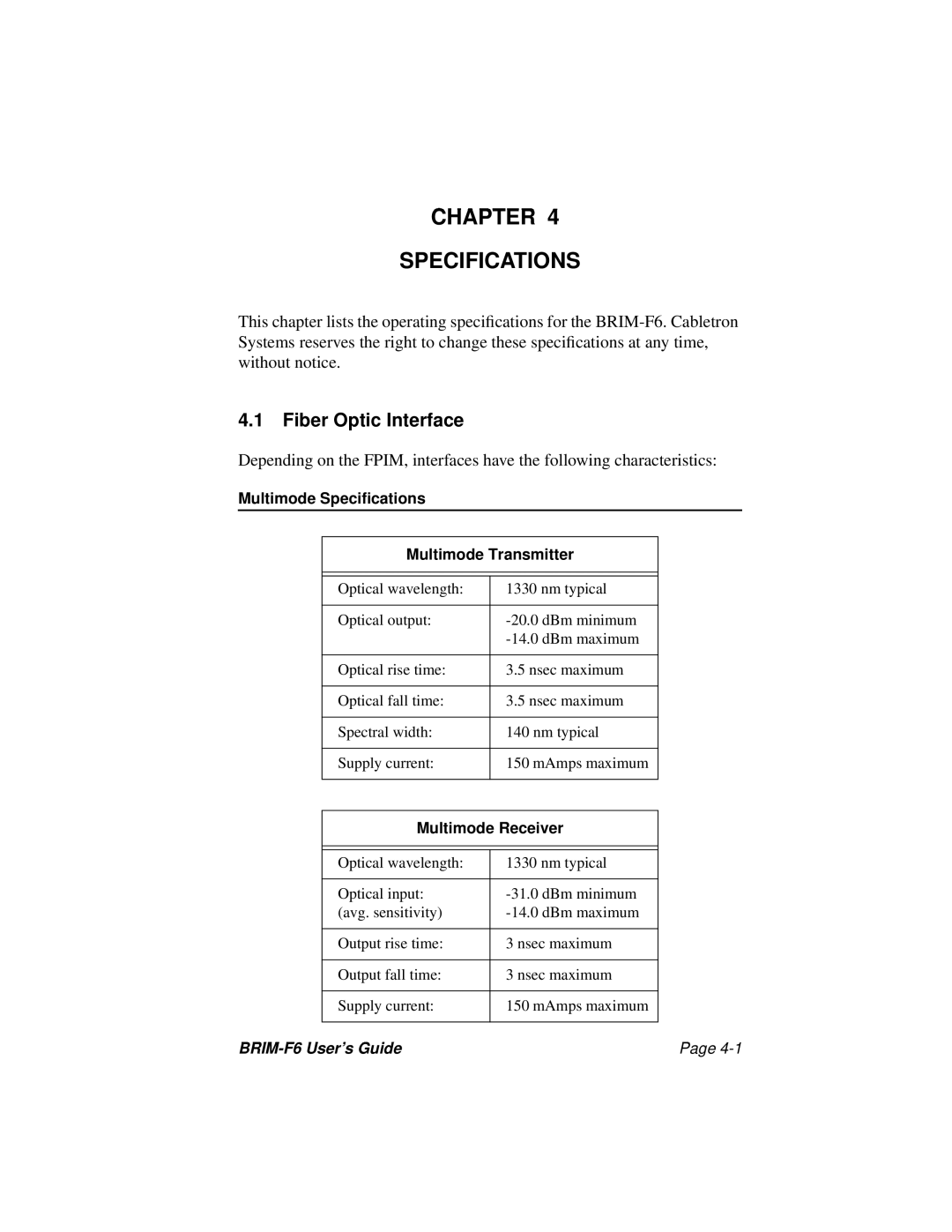 Cabletron Systems BRIM-F6 manual Chapter Specifications, Fiber Optic Interface 