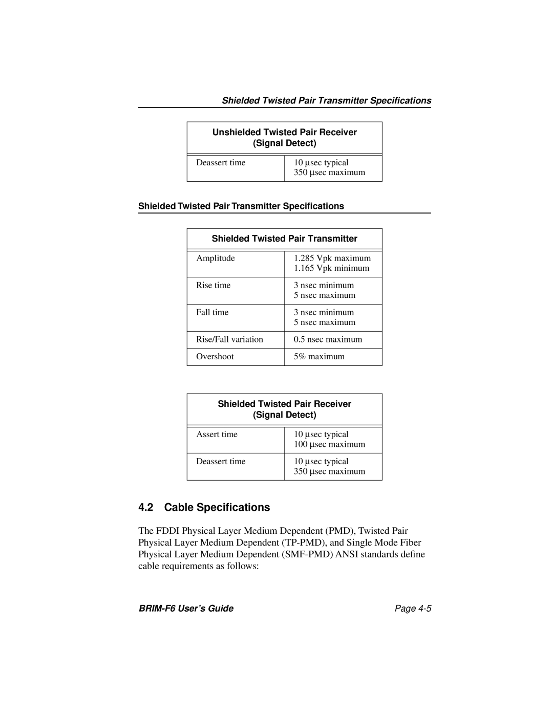 Cabletron Systems BRIM-F6 manual Cable Specifications, Shielded Twisted Pair Transmitter Specifications 