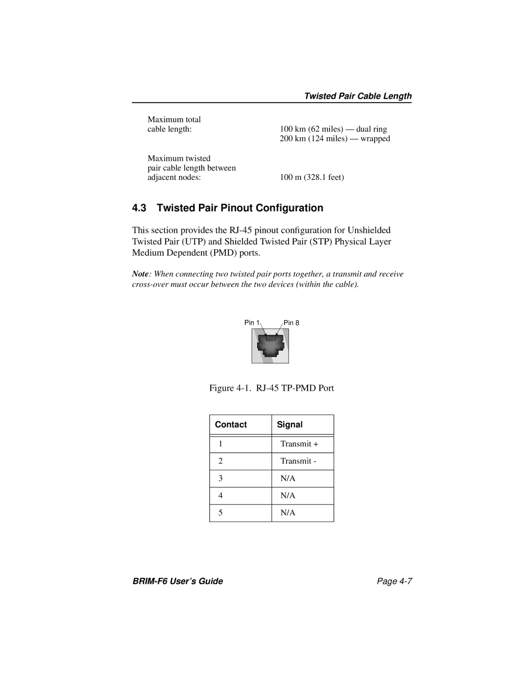 Cabletron Systems BRIM-F6 manual Twisted Pair Pinout Configuration, Twisted Pair Cable Length 