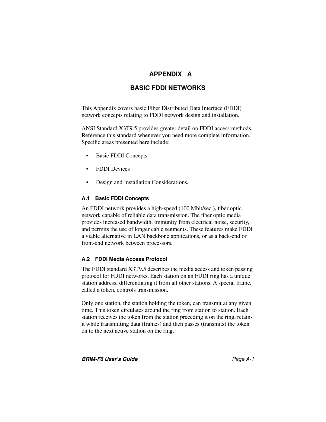 Cabletron Systems manual Appendix a Basic Fddi Networks, BRIM-F6 User’s Guide A-1 