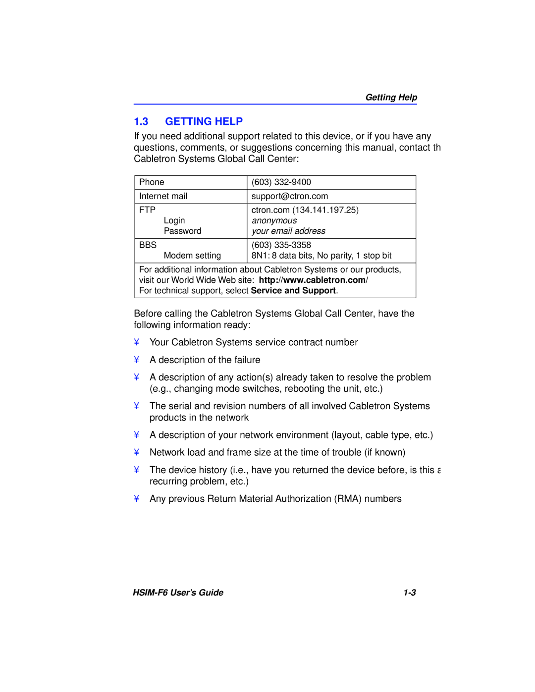 Cabletron Systems BRIM-F6 manual Getting Help, Your email address 