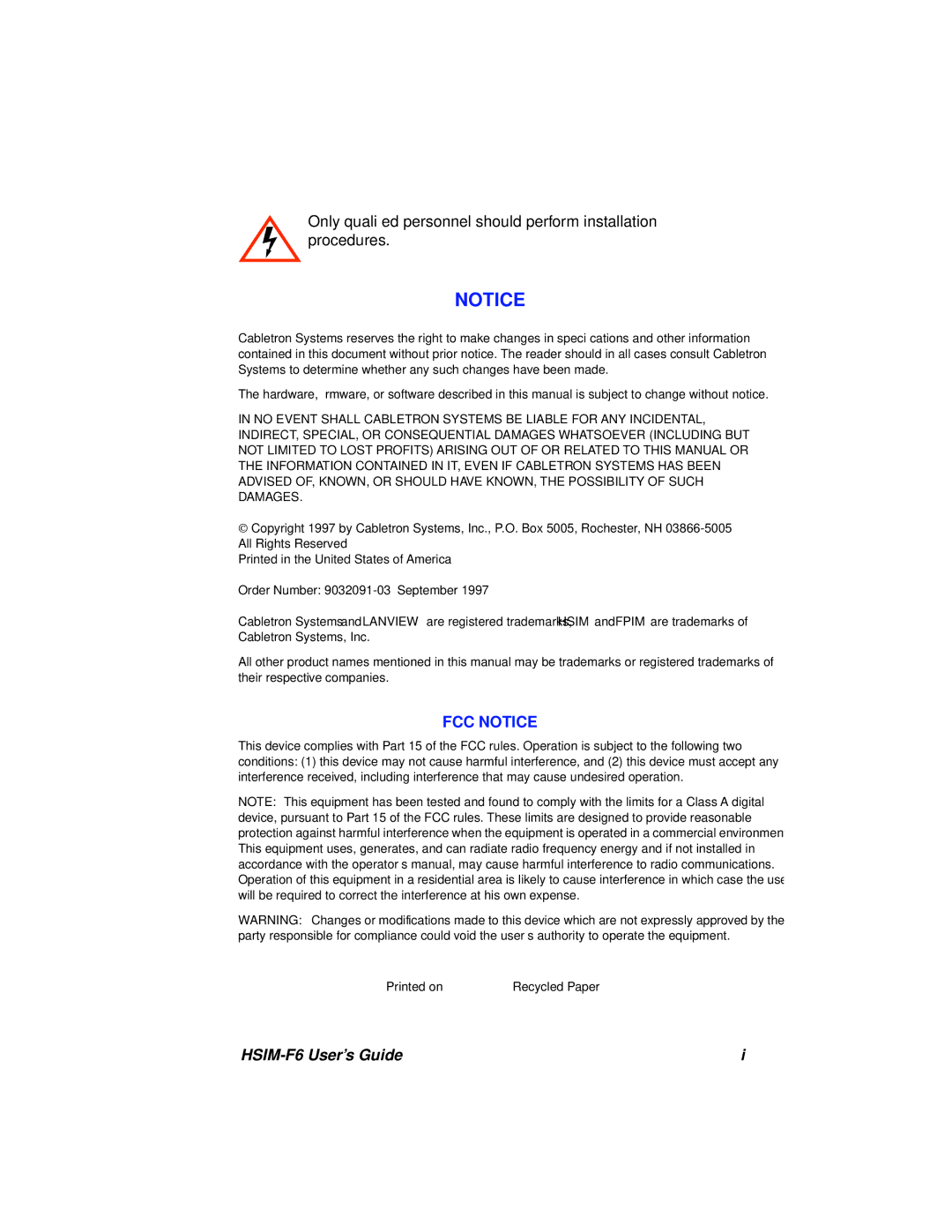 Cabletron Systems BRIM-F6 manual HSIM-F6 User’s Guide 