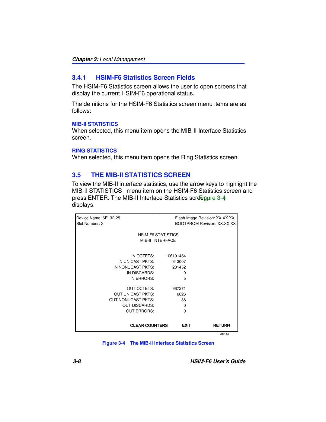 Cabletron Systems BRIM-F6 manual HSIM-F6 Statistics Screen Fields, MIB-II Statistics Screen 