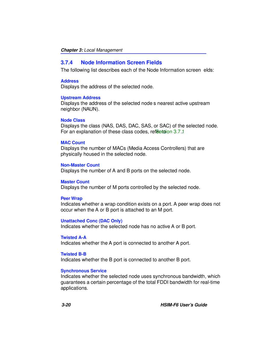 Cabletron Systems BRIM-F6 manual Node Information Screen Fields 