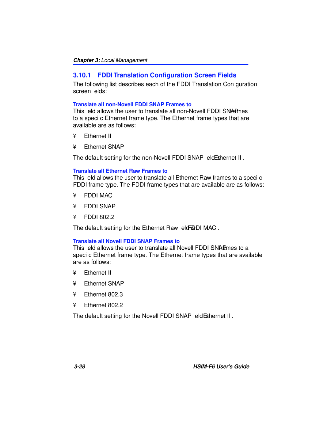 Cabletron Systems BRIM-F6 manual Fddi Translation Conﬁguration Screen Fields, Ethernet Ethernet Snap 