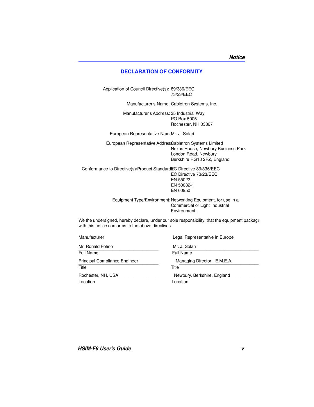 Cabletron Systems BRIM-F6 manual Declaration of Conformity 