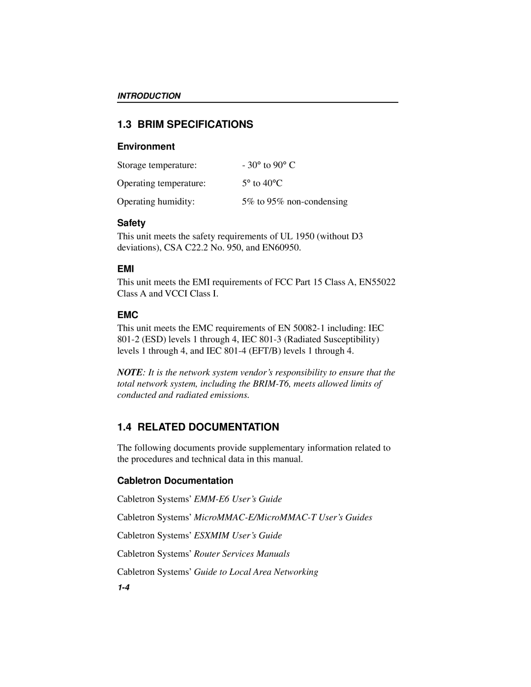 Cabletron Systems BRIM-T6 manual Brim Specifications, Related Documentation, Environment, Safety, Cabletron Documentation 