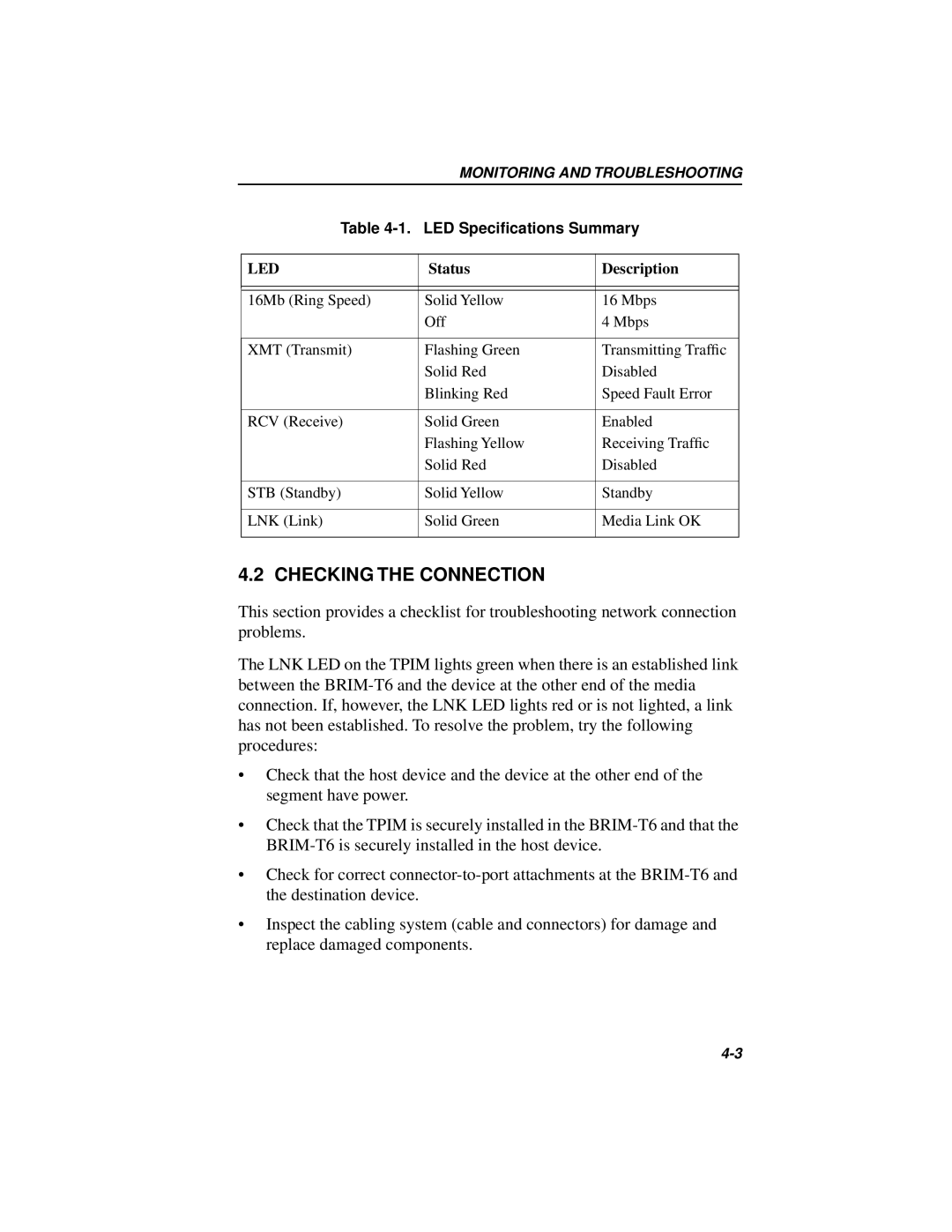 Cabletron Systems BRIM-T6 manual Checking the Connection, LED Speciﬁcations Summary 