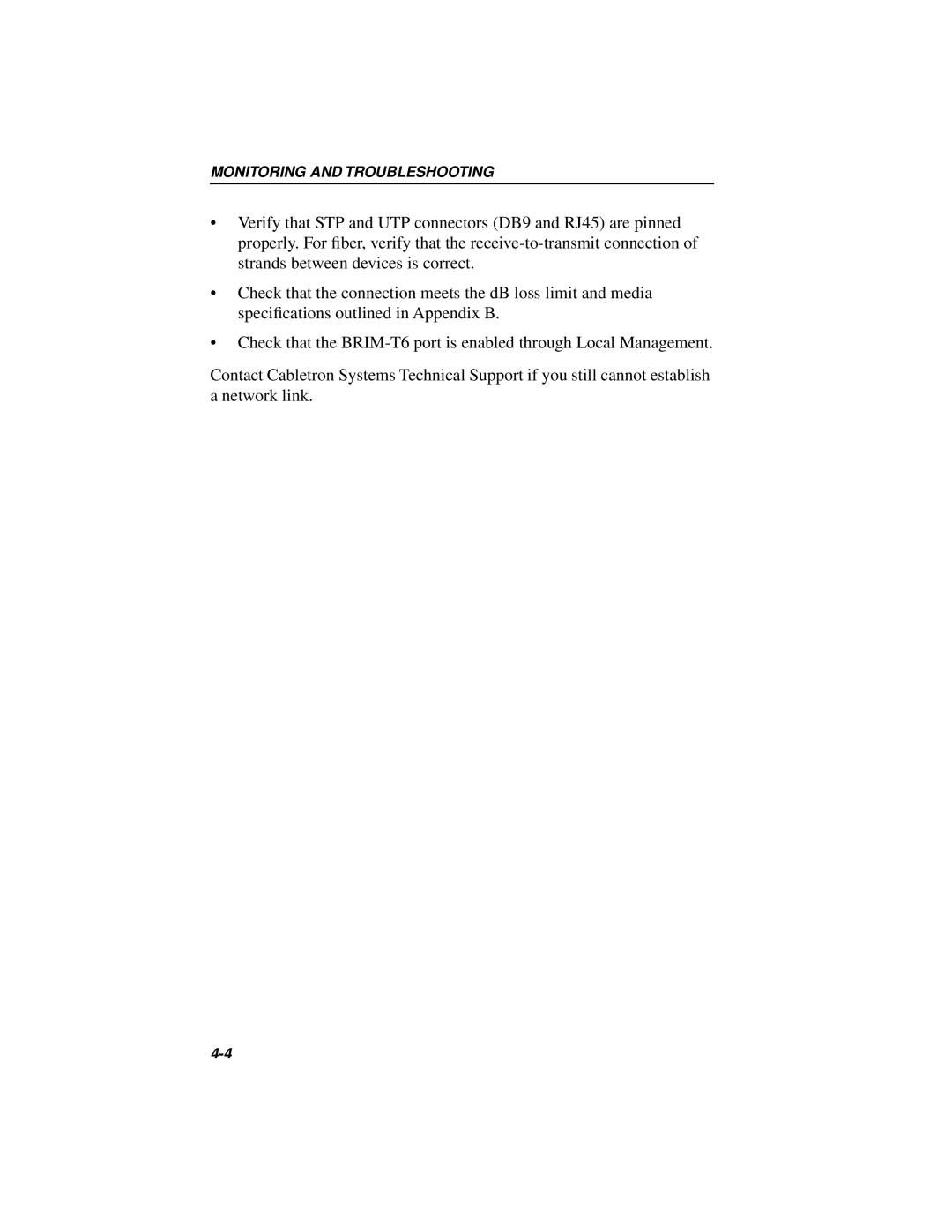 Cabletron Systems BRIM-T6 manual Monitoring and Troubleshooting 