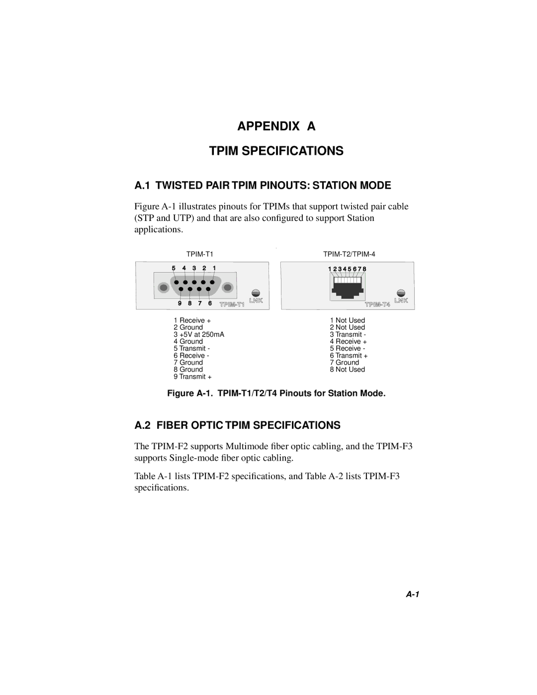 Cabletron Systems BRIM-T6 manual Appendix a Tpim Specifications, Twisted Pair Tpim Pinouts Station Mode 