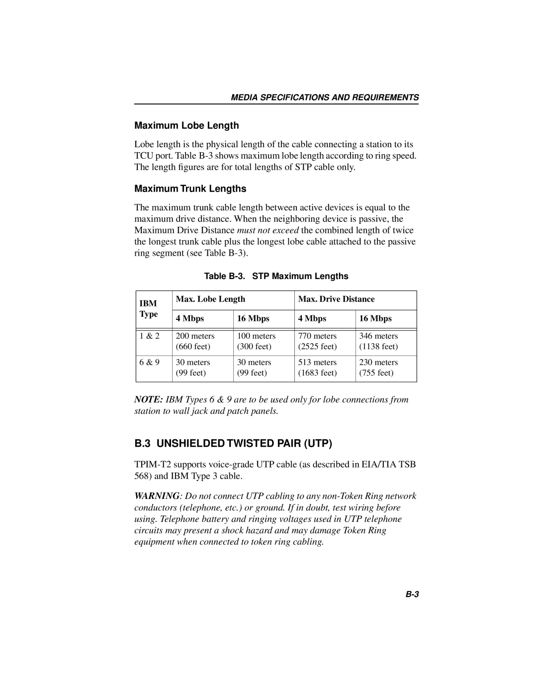 Cabletron Systems BRIM-T6 manual Unshielded Twisted Pair UTP, Maximum Lobe Length, Maximum Trunk Lengths 