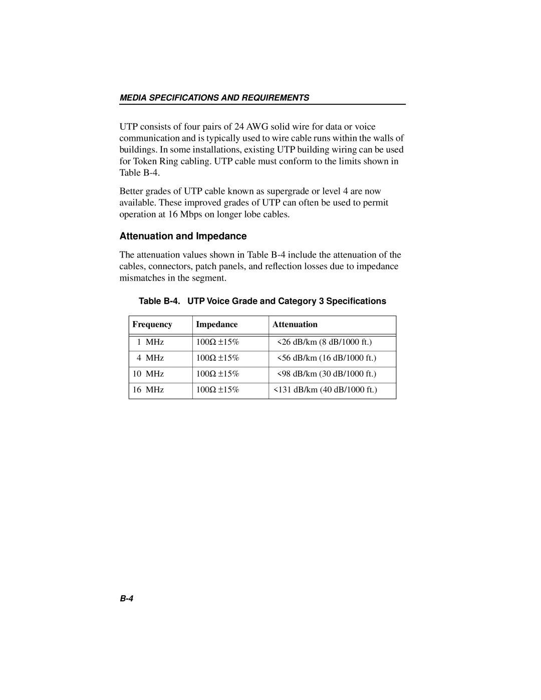 Cabletron Systems BRIM-T6 manual Attenuation and Impedance, Table B-4. UTP Voice Grade and Category 3 Speciﬁcations 