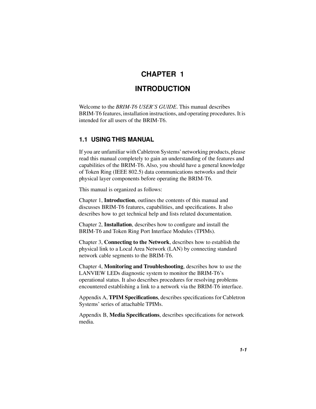 Cabletron Systems BRIM-T6 manual Chapter Introduction, Using this Manual 