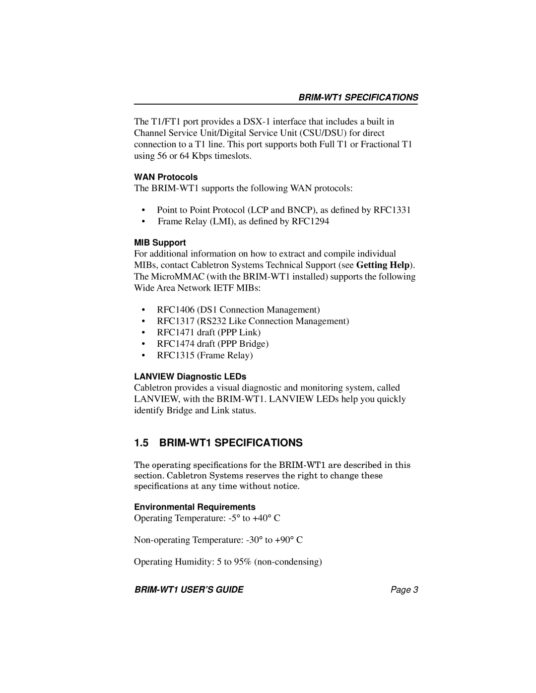 Cabletron Systems manual BRIM-WT1 SPECIFICATIONS 