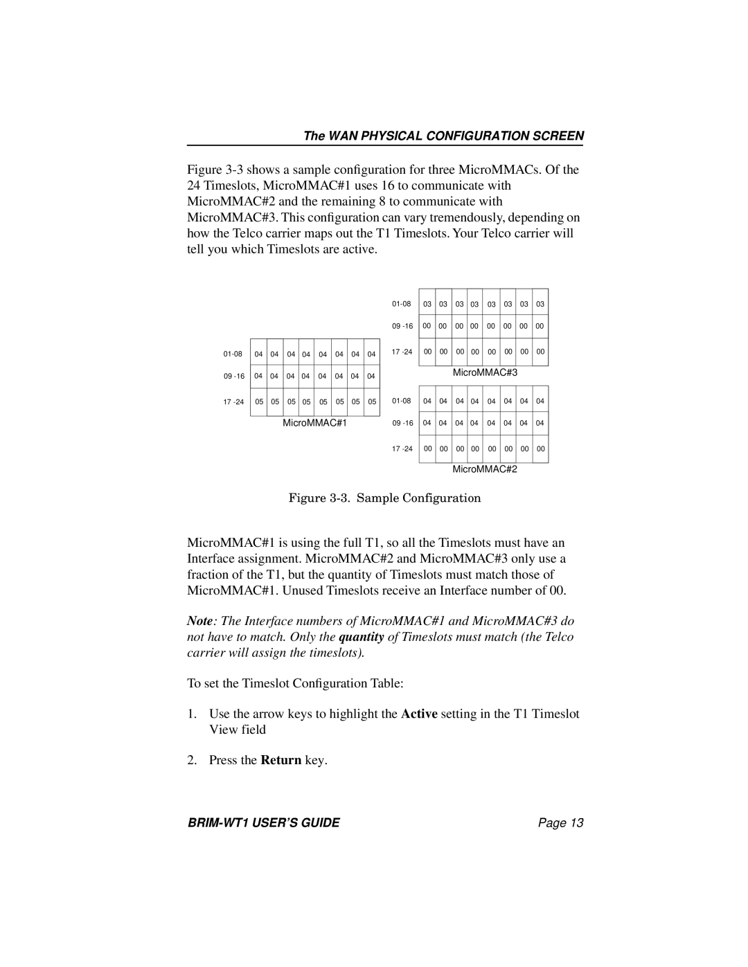 Cabletron Systems BRIM-WT1 manual To set the Timeslot Conﬁguration Table 