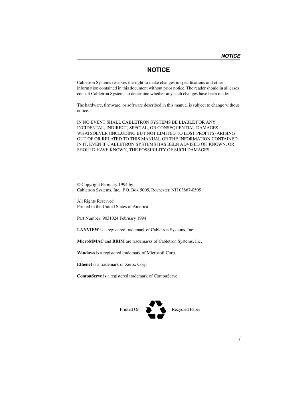 Cabletron Systems BRIM-WT1 manual Copyright February 1994 by 