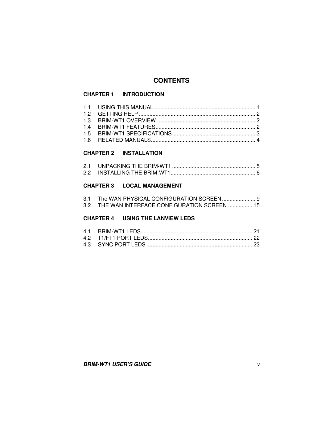 Cabletron Systems BRIM-WT1 manual Contents, Introduction, Chapter, Installation, Local Management, Using The Lanview Leds 