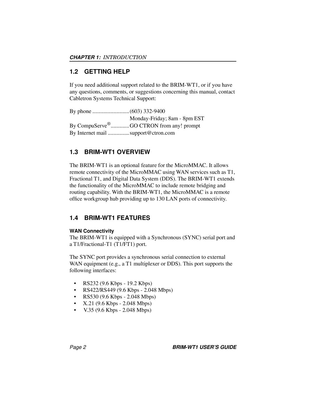 Cabletron Systems manual Getting Help, BRIM-WT1 Overview, BRIM-WT1 Features 