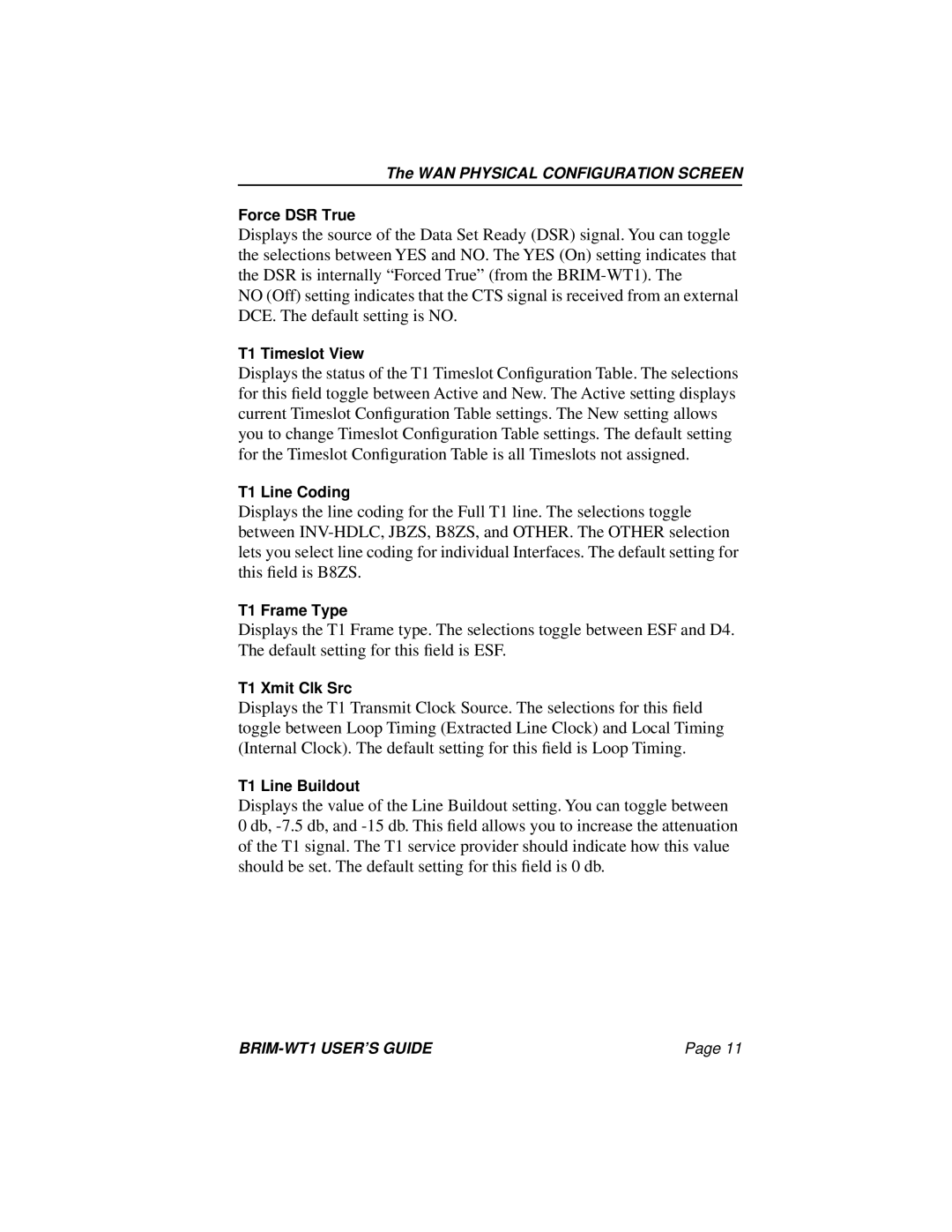 Cabletron Systems BRIM-WT1 manual WAN Physical Configuration Screen 