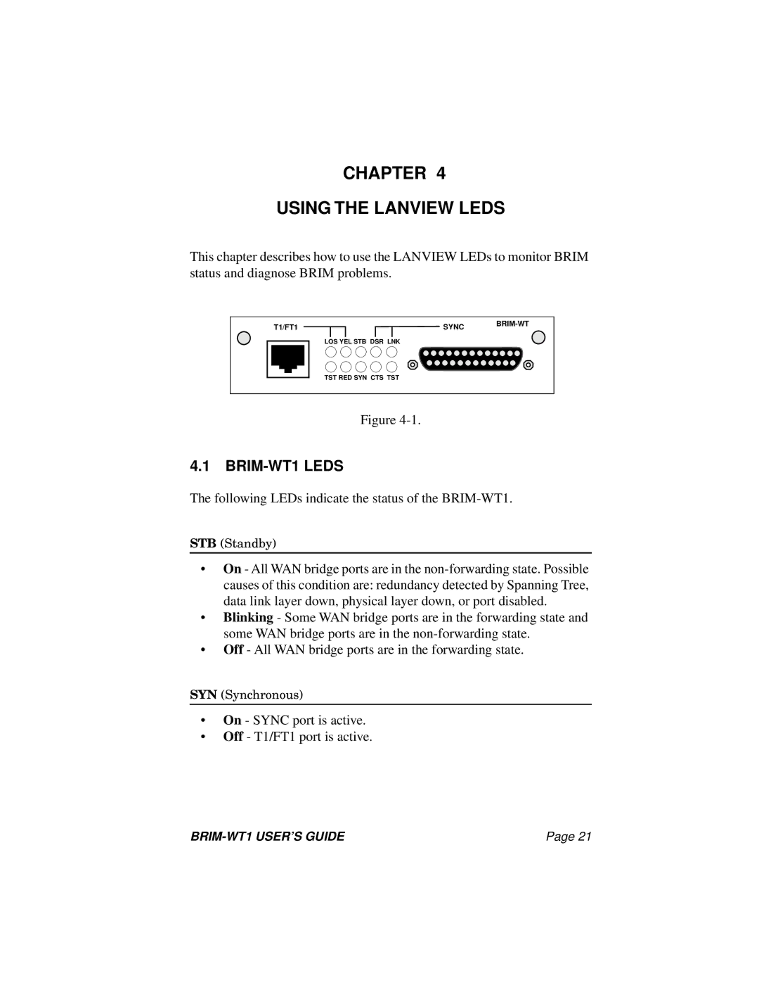 Cabletron Systems manual Chapter Using the Lanview Leds, BRIM-WT1 Leds 