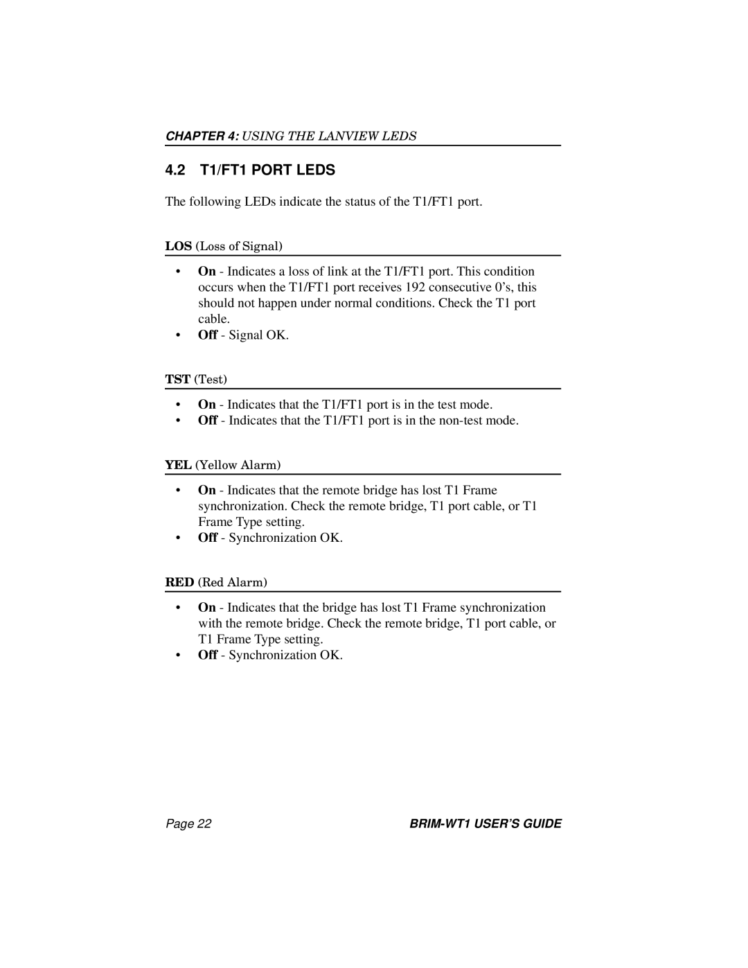 Cabletron Systems BRIM-WT1 manual T1/FT1 Port Leds 