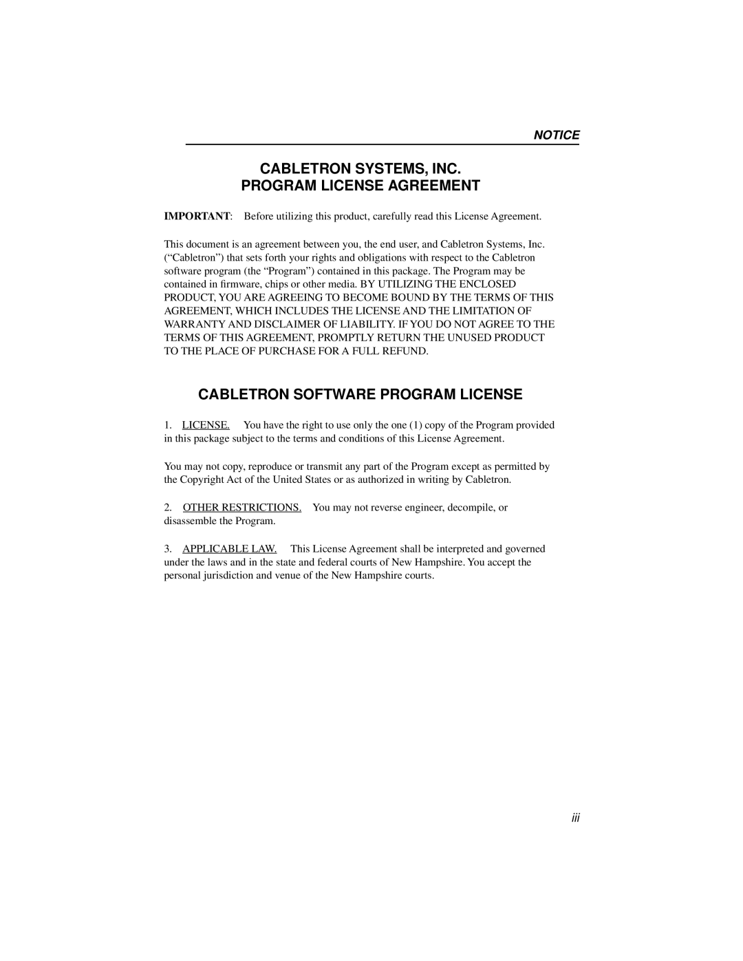 Cabletron Systems BRIM-WT1 manual Cabletron SYSTEMS, INC Program License Agreement, Cabletron Software Program License 