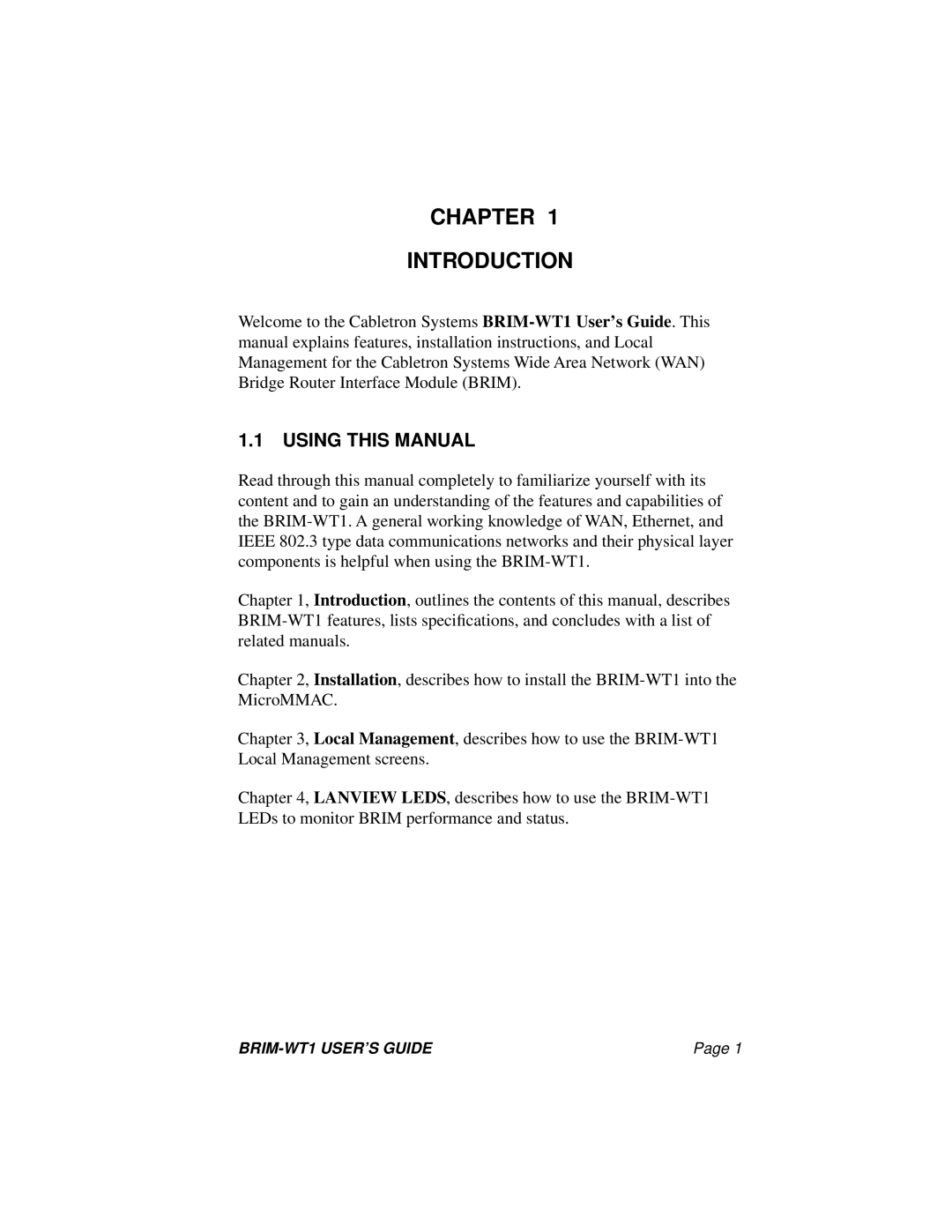 Cabletron Systems BRIM-WT1 manual Chapter Introduction, Using this Manual 