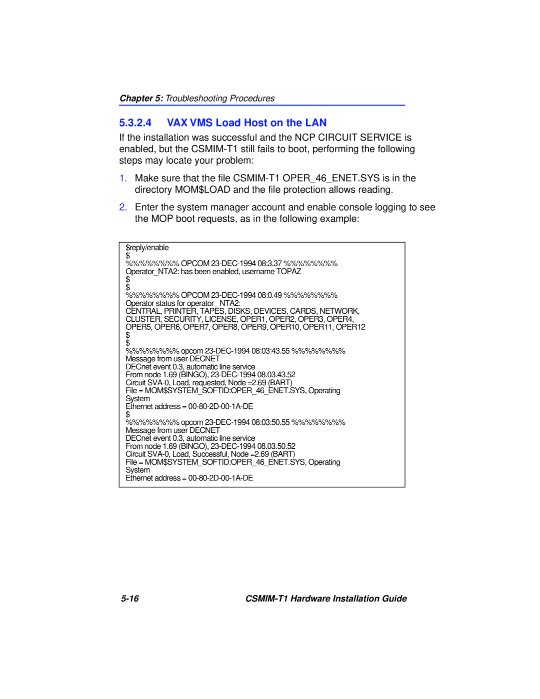 Cabletron Systems CSMIM-T1 manual VAX VMS Load Host on the LAN 