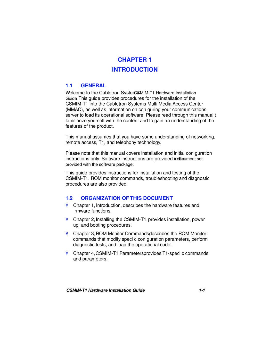 Cabletron Systems CSMIM-T1 manual General, Organization of this Document 