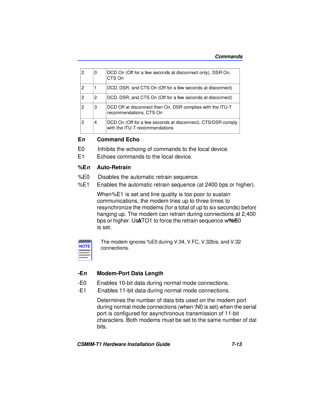 Cabletron Systems CSMIM-T1 manual Command Echo, En Auto-Retrain, EnModem-Port Data Length 