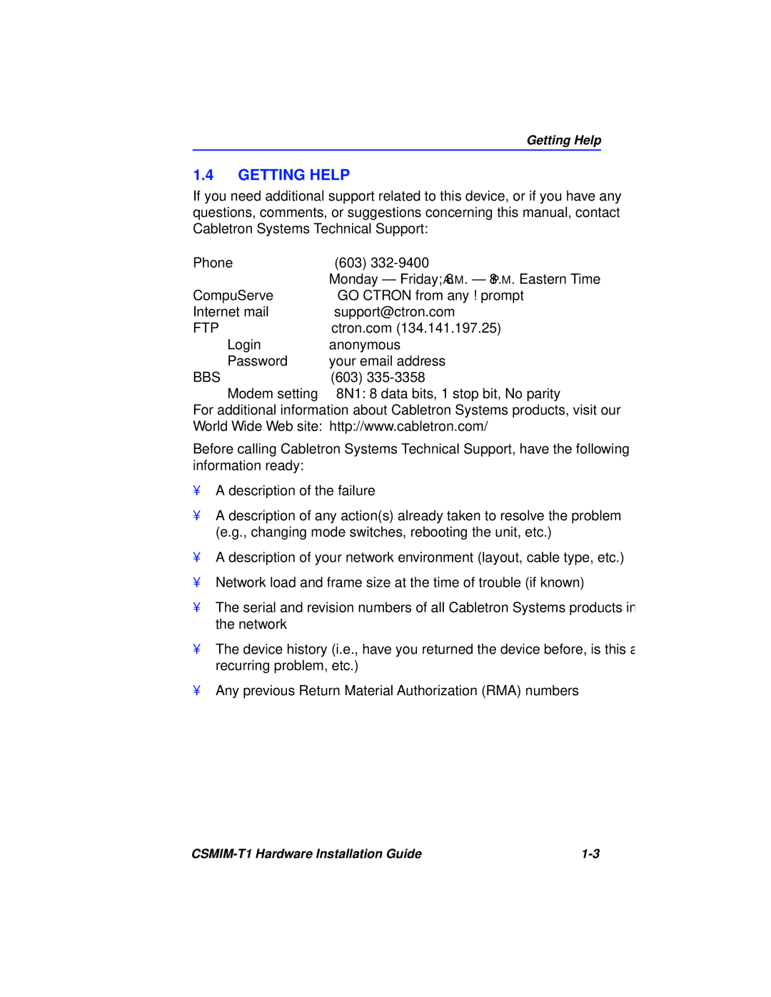 Cabletron Systems CSMIM-T1 manual Getting Help, Ctron.com, Login, Password 