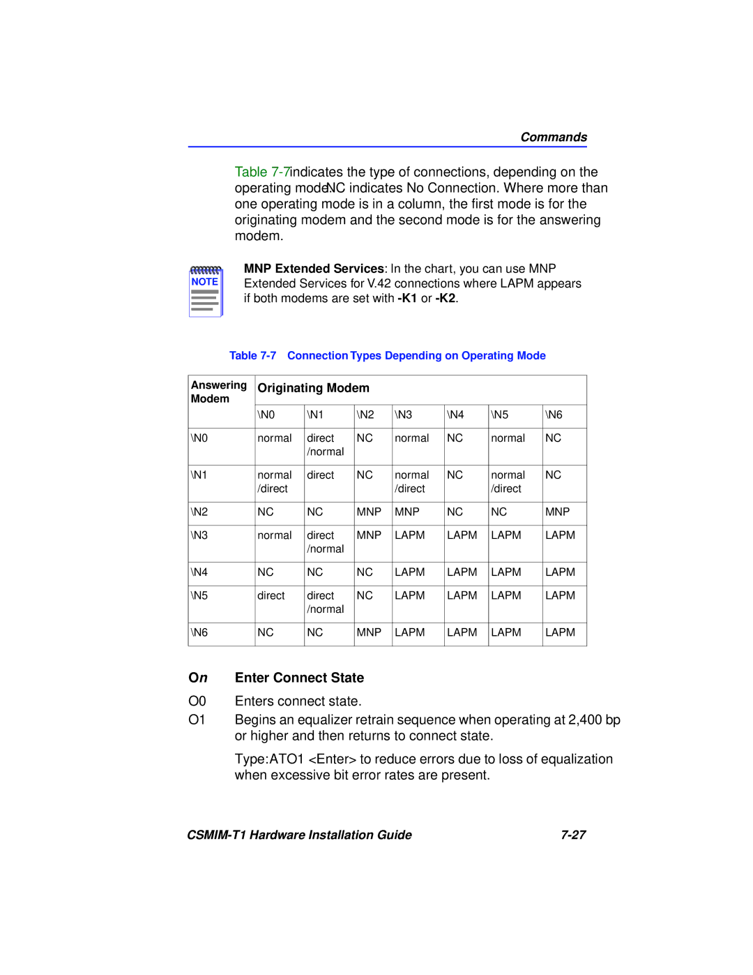 Cabletron Systems CSMIM-T1 manual On Enter Connect State, Originating Modem 