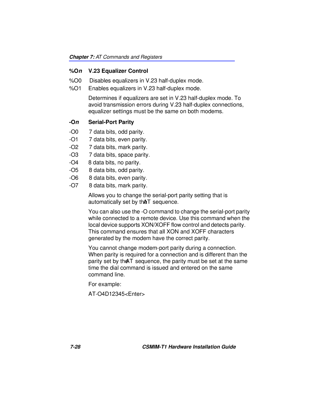 Cabletron Systems CSMIM-T1 manual On V.23 Equalizer Control, OnSerial-Port Parity, AT-O4D12345 Enter 