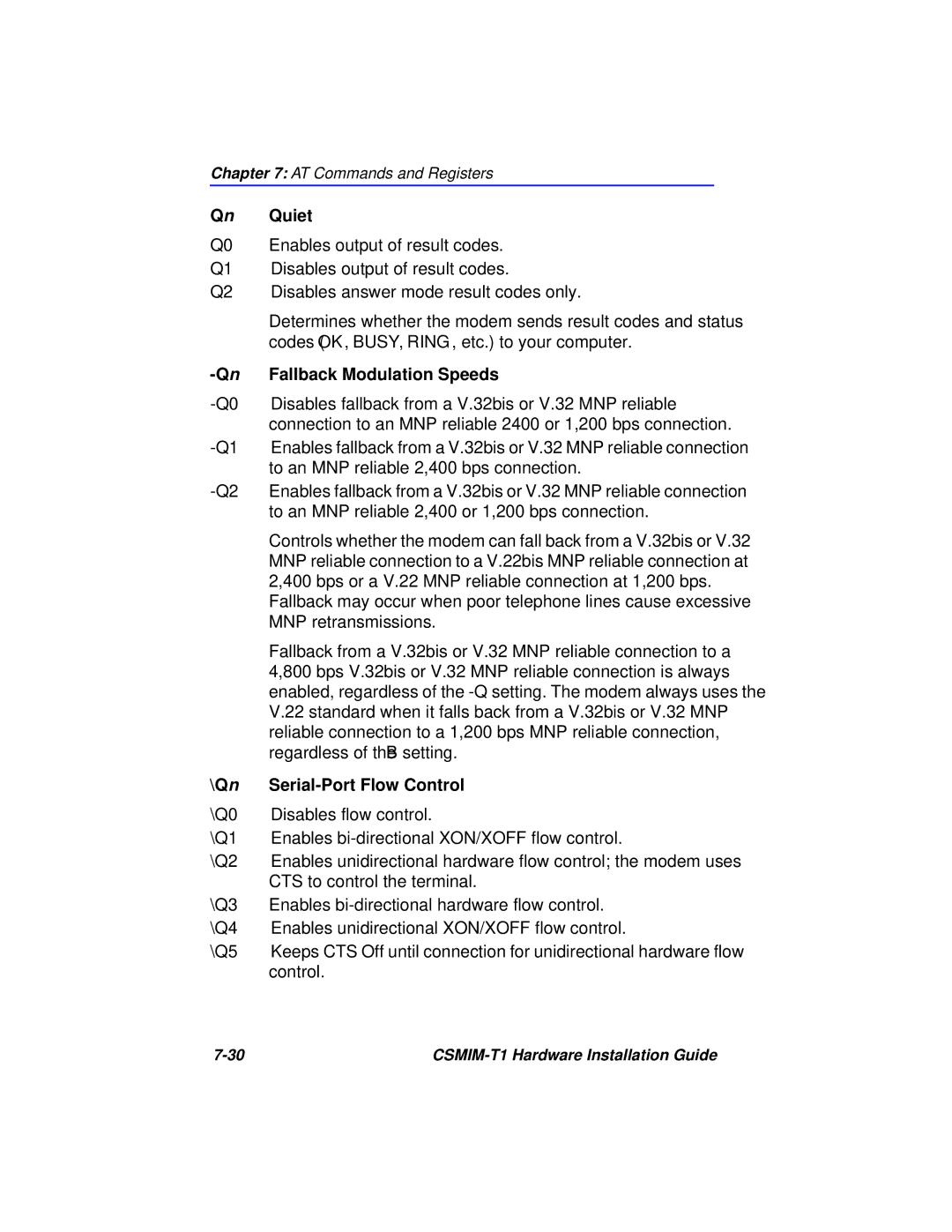 Cabletron Systems CSMIM-T1 manual Quiet, Fallback Modulation Speeds, Qn Serial-Port Flow Control, Q3 