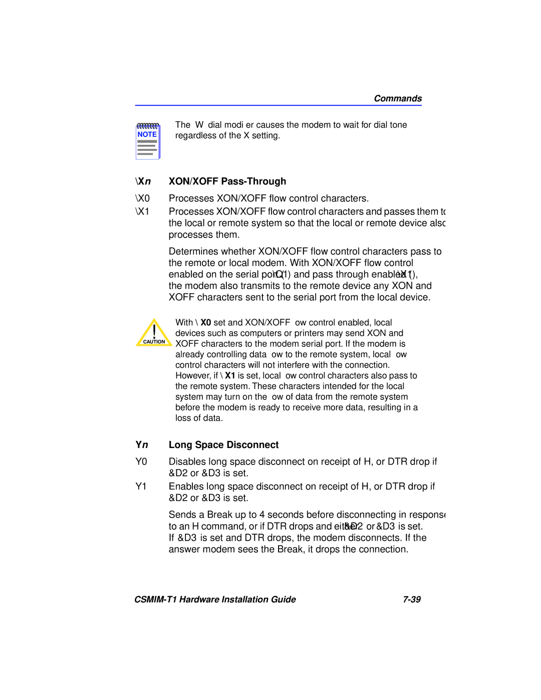 Cabletron Systems CSMIM-T1 manual Xn XON/XOFF Pass-Through, X0, Yn Long Space Disconnect 