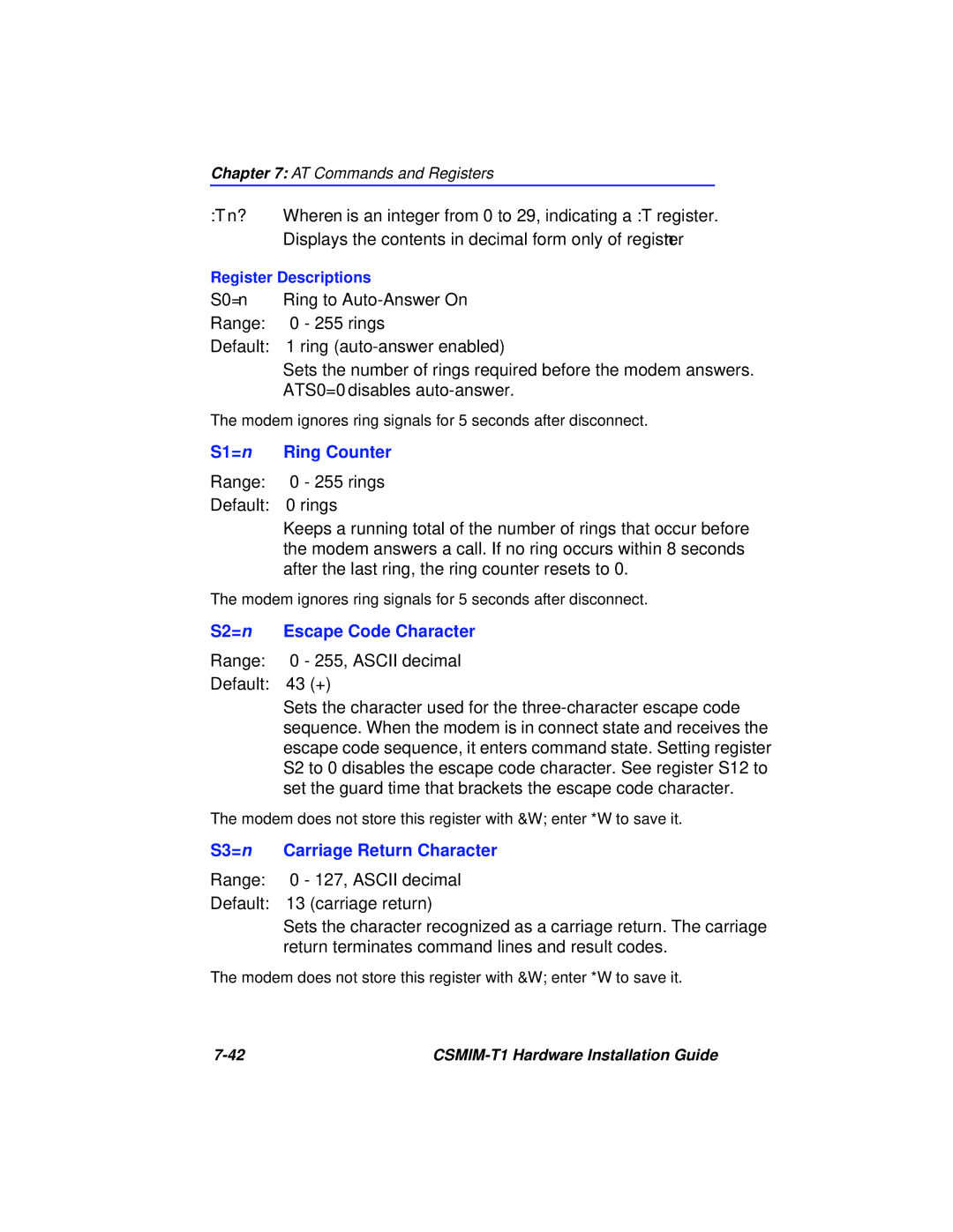 Cabletron Systems CSMIM-T1 manual S1=n Ring Counter, S2=n Escape Code Character, Range 0 255, Ascii decimal Default 43 + 