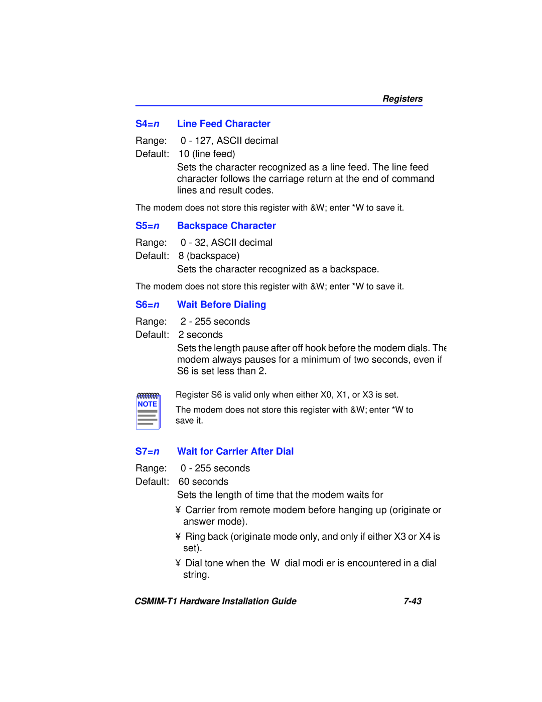 Cabletron Systems CSMIM-T1 manual S4=n Line Feed Character, S5=n Backspace Character, S6=n Wait Before Dialing 