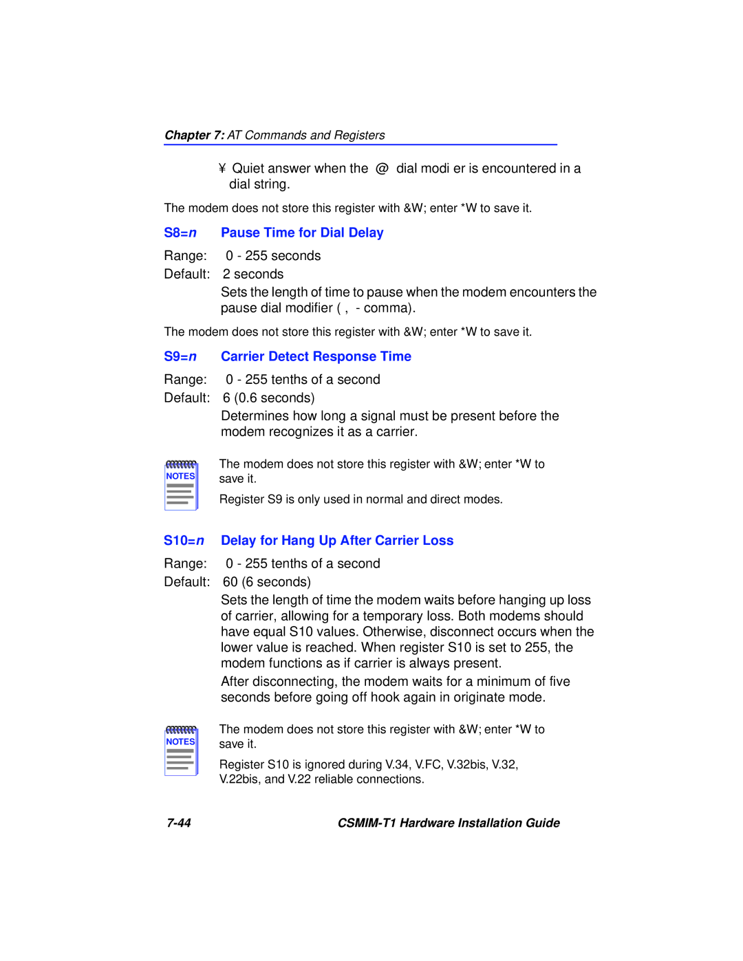 Cabletron Systems CSMIM-T1 manual S8=n Pause Time for Dial Delay, S9=n Carrier Detect Response Time 