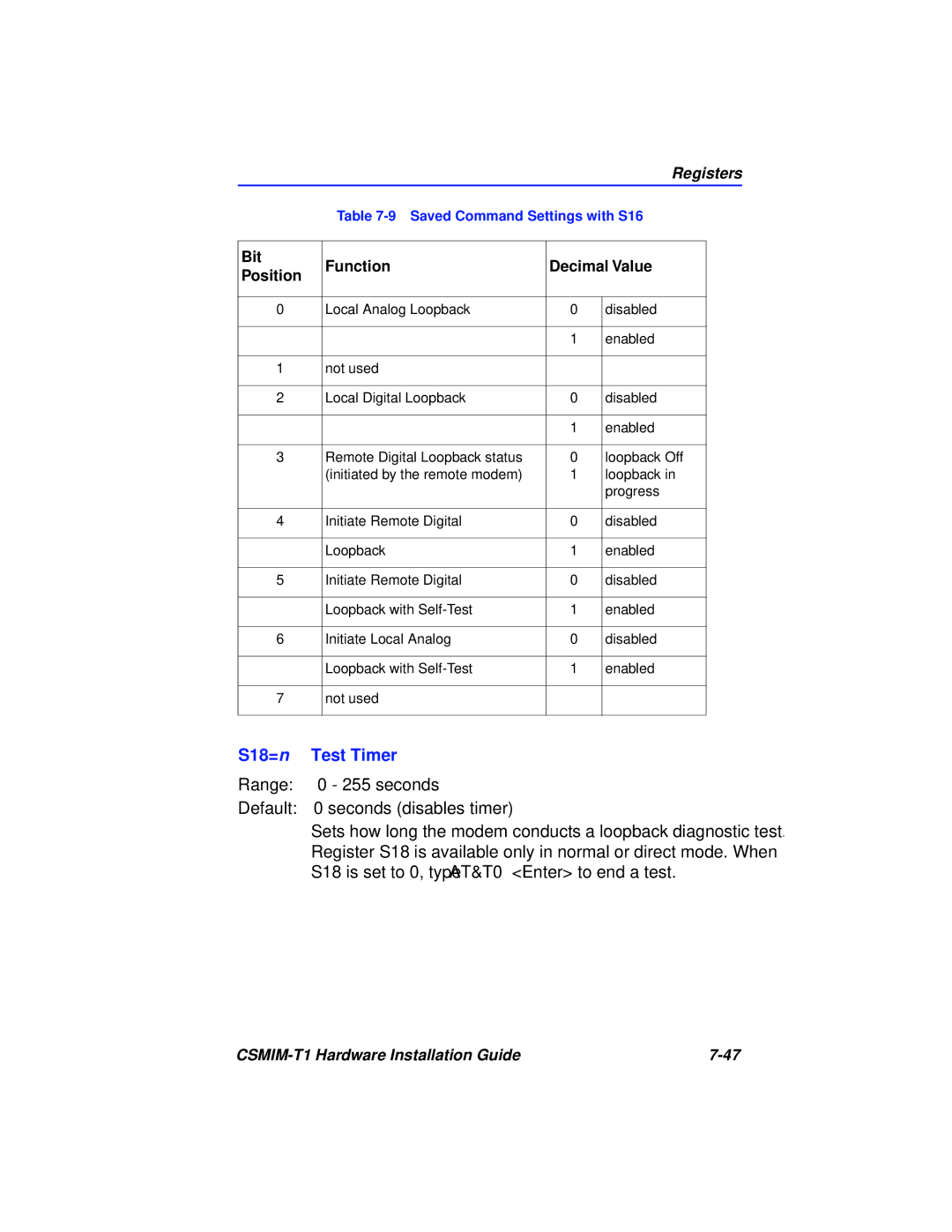 Cabletron Systems CSMIM-T1 manual S18=n Test Timer 