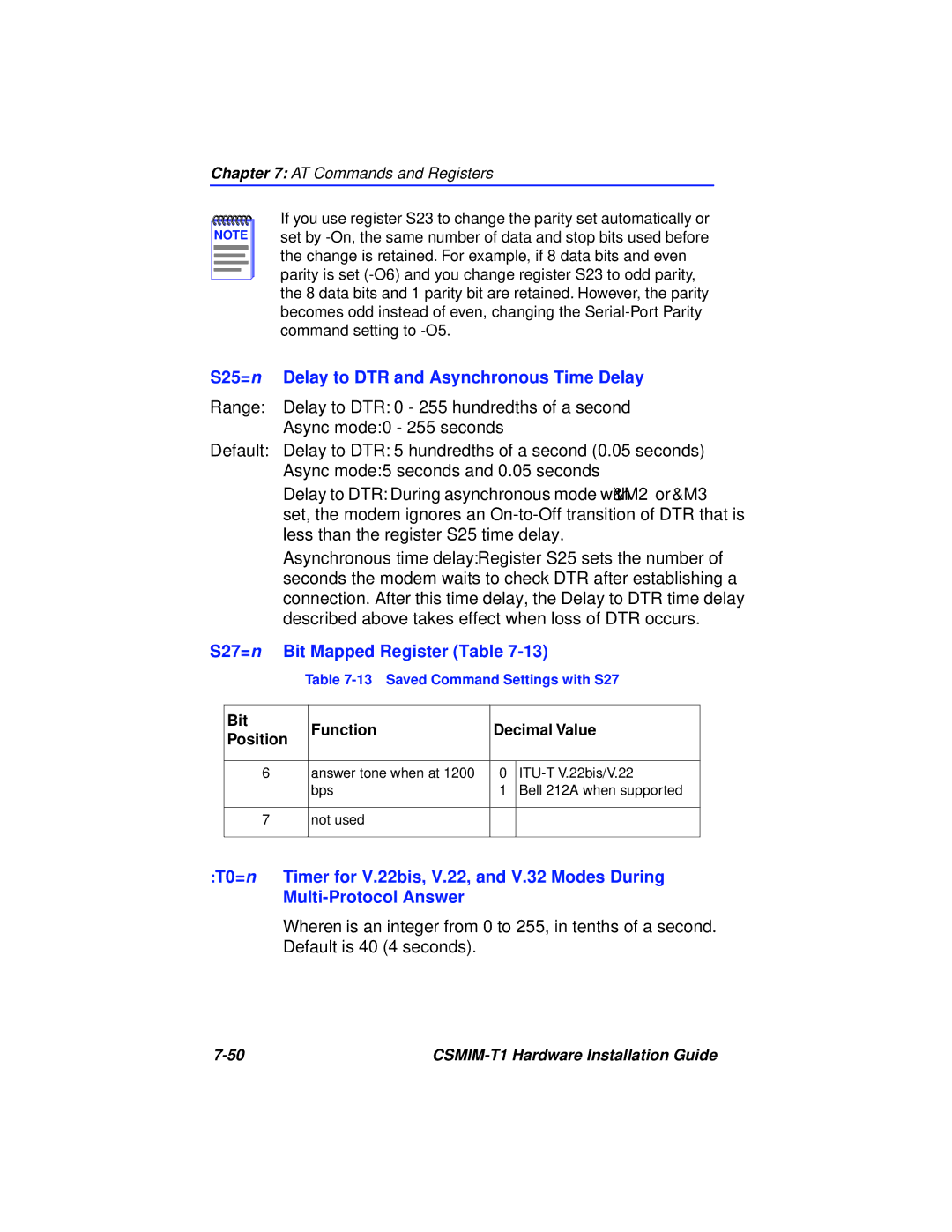 Cabletron Systems CSMIM-T1 manual S25=n Delay to DTR and Asynchronous Time Delay, S27=n Bit Mapped Register Table 