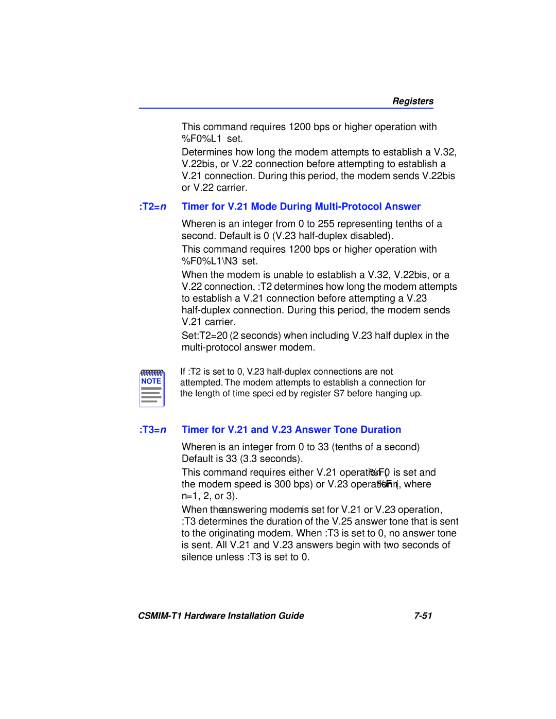 Cabletron Systems CSMIM-T1 manual T2=n Timer for V.21 Mode During Multi-Protocol Answer 