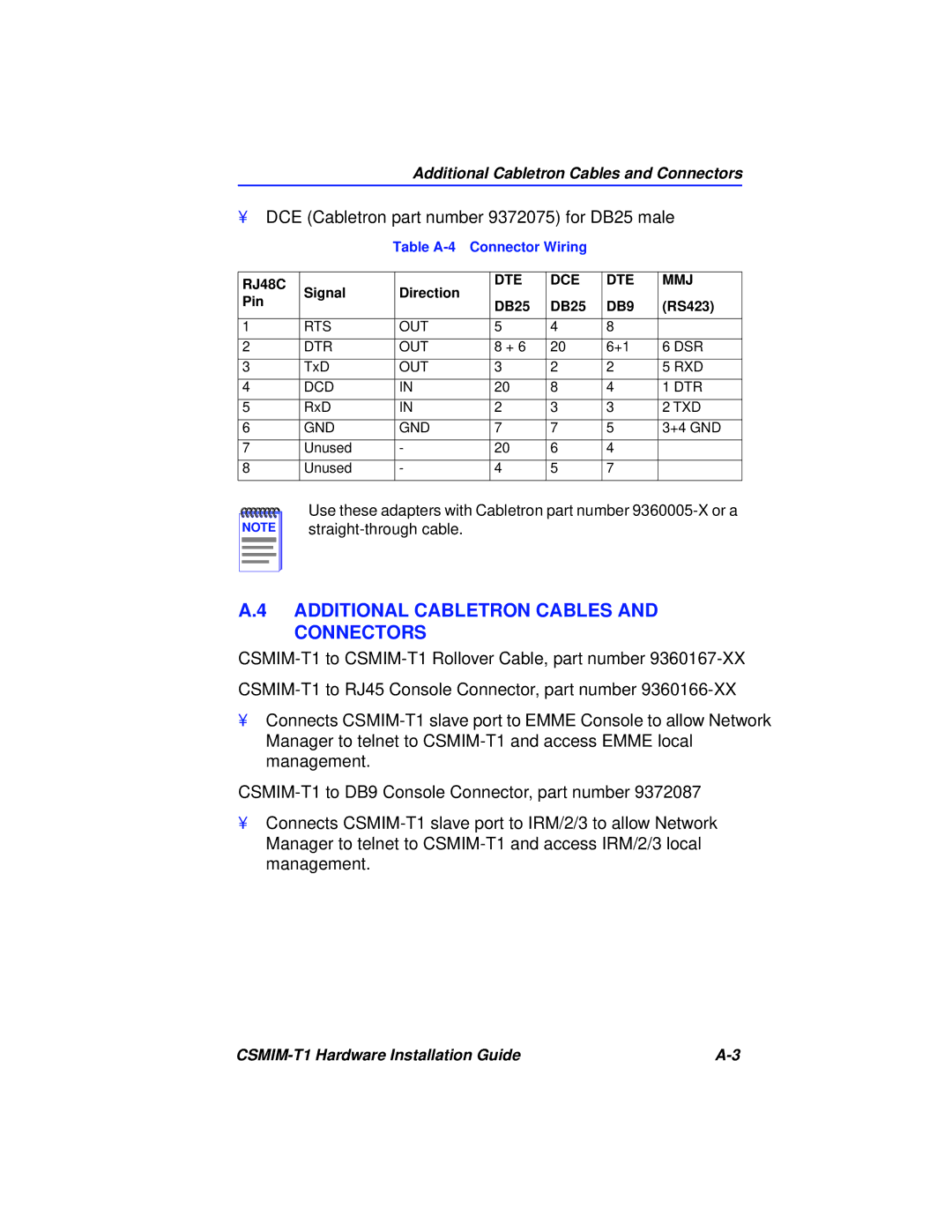 Cabletron Systems CSMIM-T1 Additional Cabletron Cables and Connectors, DCE Cabletron part number 9372075 for DB25 male 