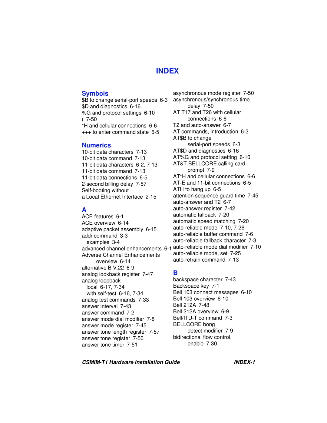 Cabletron Systems CSMIM-T1 manual Symbols, Numerics 